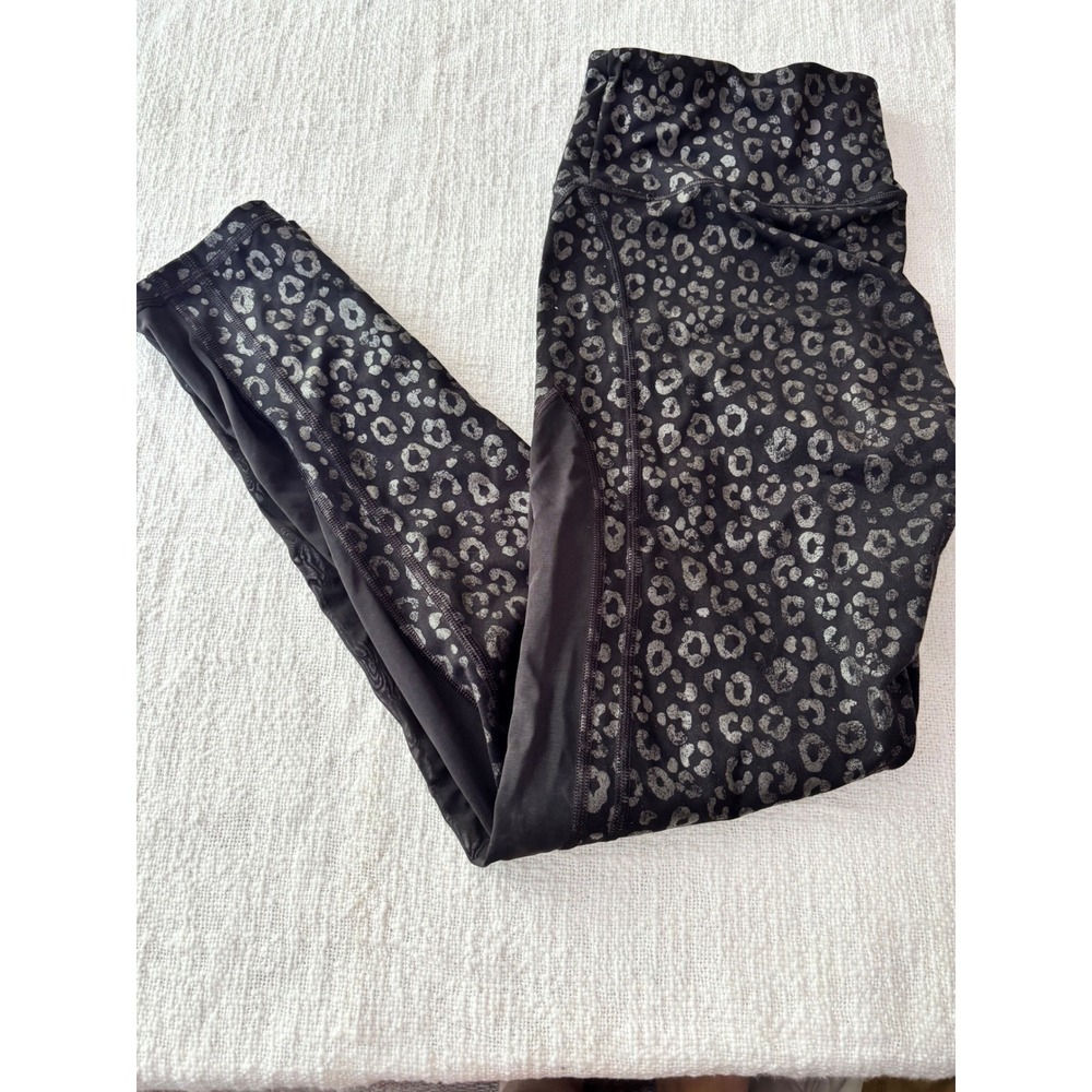 Victoria Sport Knockout Leopard Print Mesh Leggings Black Silver Large Long